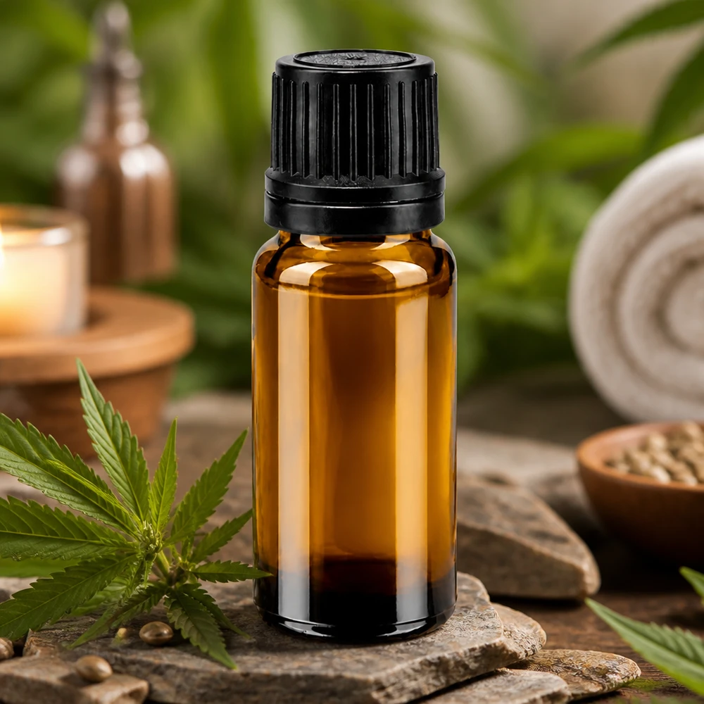 Flacon à pharmacie marron 10ml bouchon goutte à goutte 1mm noir bouchon d'inviolabilité Flacon compte-gouttes brun de 10 ml en verre de pharmacie, muni d'un bouchon OV noir, entre des feuilles de cannabis