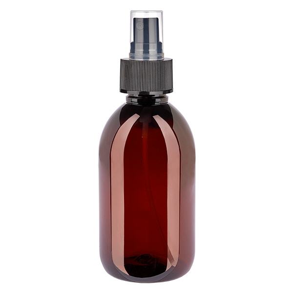 Flacon médical de 250 ml en PET, avec spray noir GCMI 28/410 et capuchon transparent standard