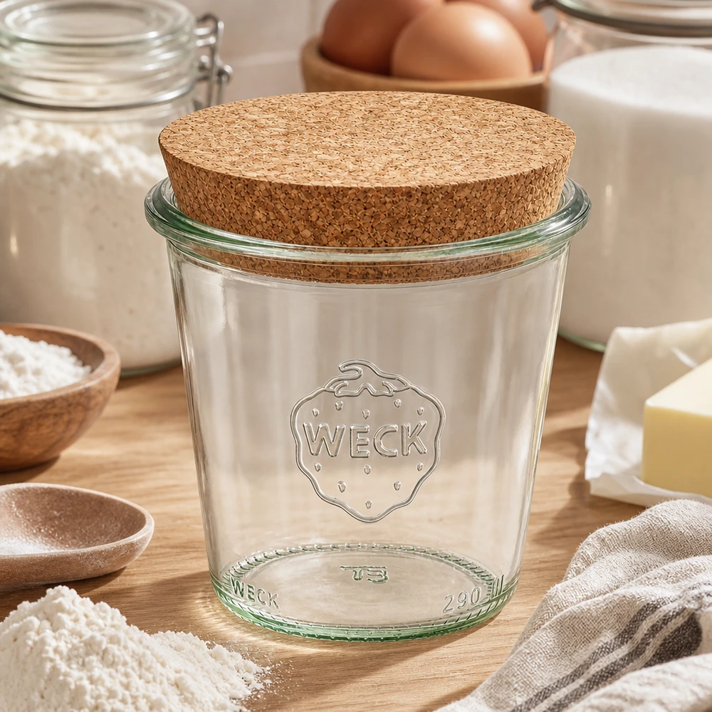 290ml bocal conique haut WECK RR80 avec bouchon nature WECK Verre renversé 290ml RR80 avec couvercle en liège dans la cuisine entouré d'ingrédients de boulangerie farine œufs et lait sur un fond en bois