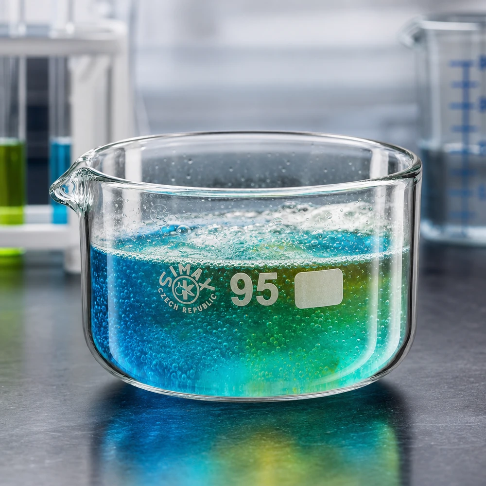Coupelle de cristallisation 300 ml avec bec verseur Liquide bleu en ébullition dans un bac de cristallisation de 300 ml muni d'un bec verseur, ø 95 mm, en verre borosilicaté SIMAX