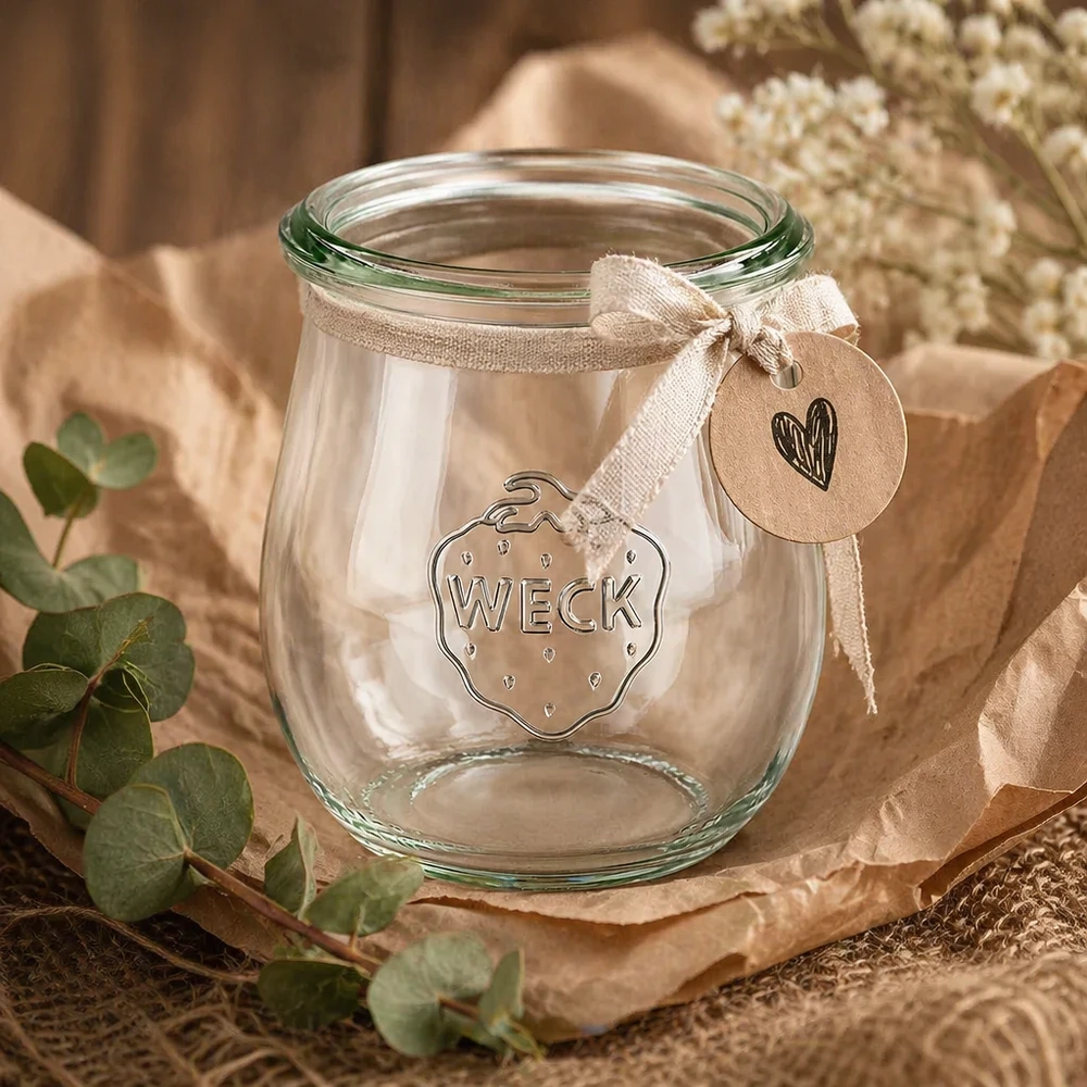WECK Pot tulipe 220ml RR60 décoratif avec ruban et pendentif sur décoration naturelle en eucalyptus