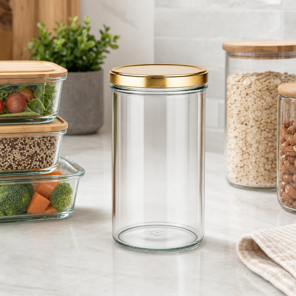 Pot vide de 277 ml avec couvercle doré UNiTWIST dans la cuisine moderne à côté des récipients de stockage et des légumes.