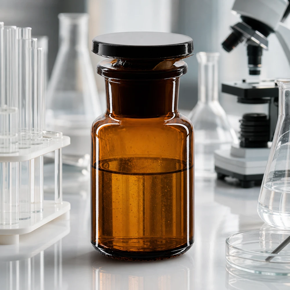 Flacon de laboratoire de 50 ml en verre ambré à col large, muni d'un bouchon en verre, devant un microscope et des tubes à essai