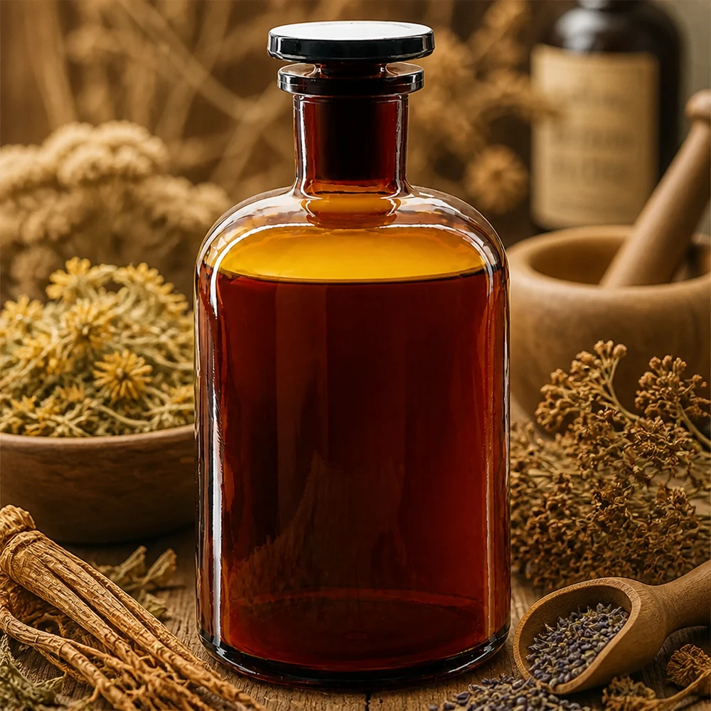 Bouteille en verre ambré à épaulement arrondi, 500 ml, à col étroit, avec bouchon, entourée de plantes médicinales et de produits naturels