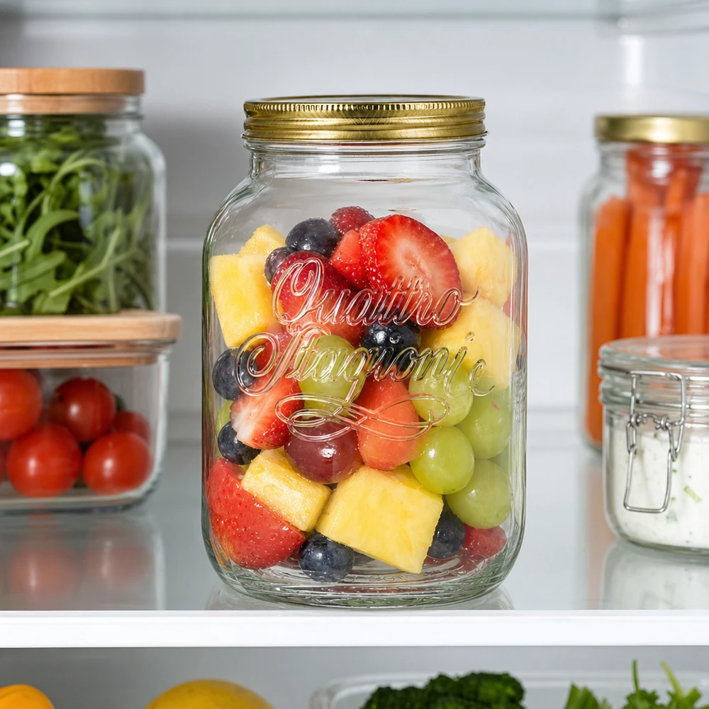 3000ml verre rond « Quattro Stagioni » avec couvercle Bocal rond Quattro Stagioni de 3000 ml avec salade de fruits frais dans le réfrigérateur à côté des légumes et autres bocaux de stockage