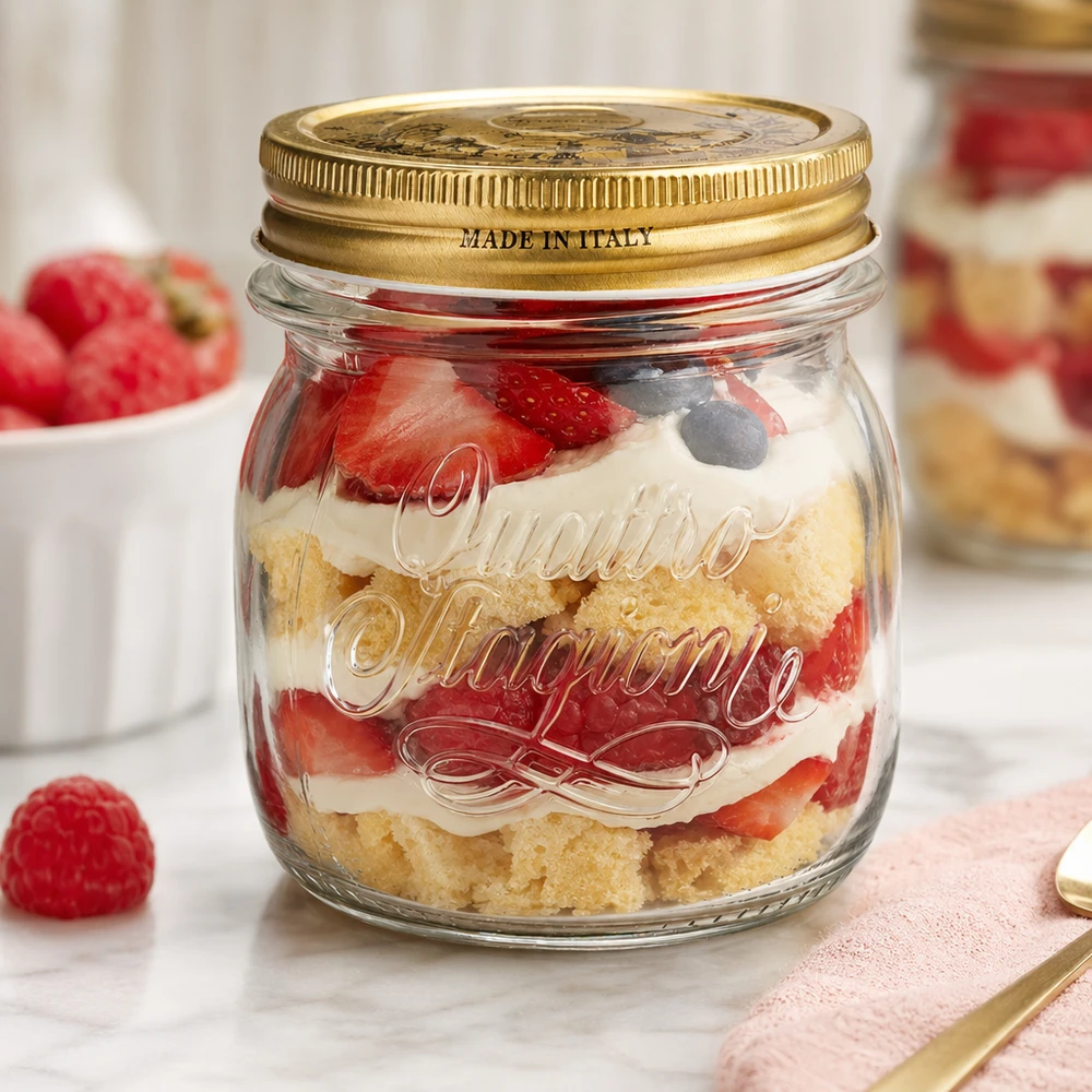 Verre rond de 250 ml Quattro Stagioni avec couvercle doré rempli d'un dessert à couches de fraises et de crème Made in Italy