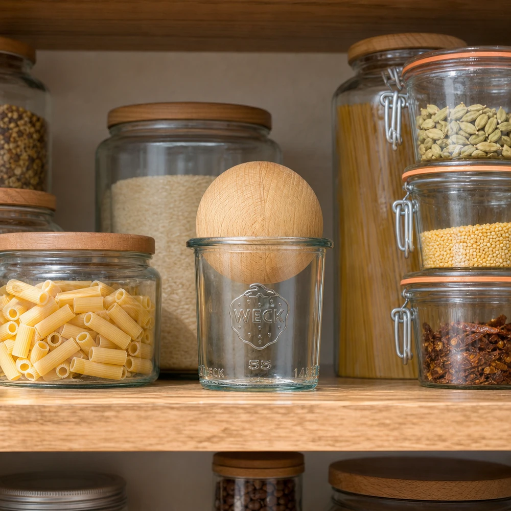 WECK Bocal 140ml RR60 avec boule en bois de hêtre dans un garde-manger organisé parmi d'autres bocaux de conservation