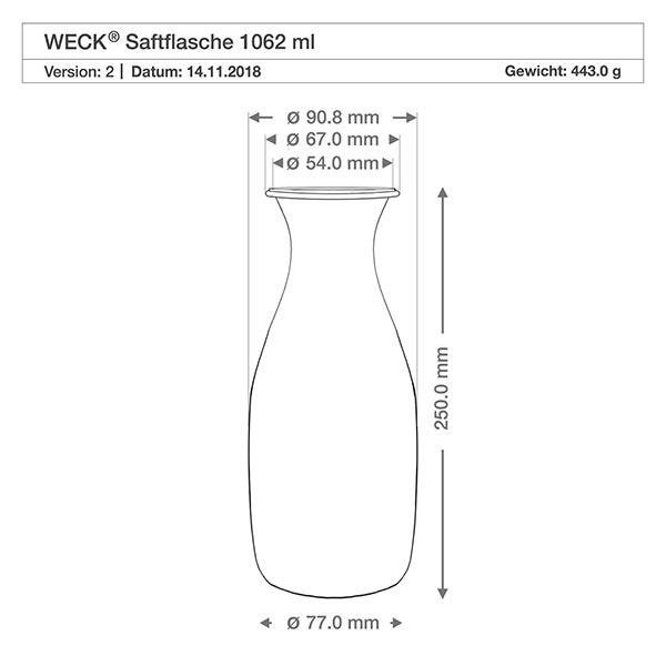Bouteille à jus de 1062 ml, ensemble complet WECK RR60 Dessin technique de la bouteille à jus WECK 1062ml avec dimensions et poids pour le couvercle fraîcheur RR60