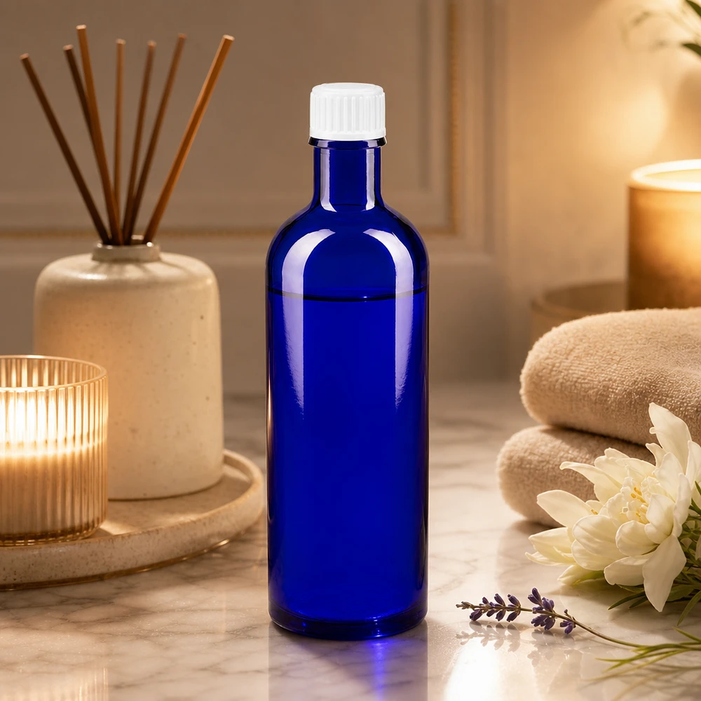 Flacon de pharmacie bleu 200ml bouchon vissable blanc standart Bouteille en verre bleue de 200 ml avec bouchon d'origine blanc, posée sur du marbre entre des bougies et des fleurs