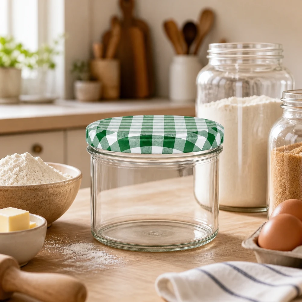 Bocal vide de 225 ml avec couvercle à carreaux vert et blanc dans la boulangerie entre le bol de farine et les bocaux à provisions.