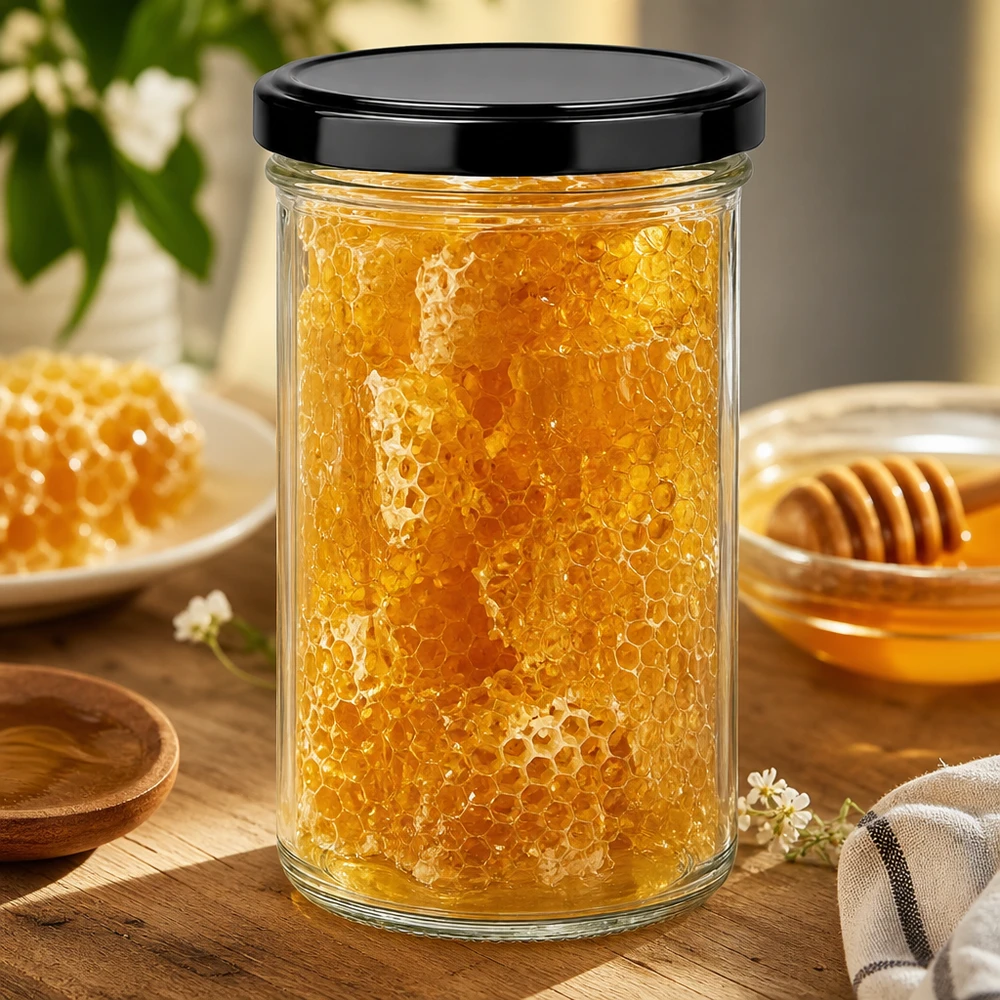 230ml Verre conique avec couvercle BasicSeal noir UNiTWIST 277ml Sturzglas mit Honigwaben gefüllt zeigt praktische Verwendung als Vorratsglas für Naturprodukte