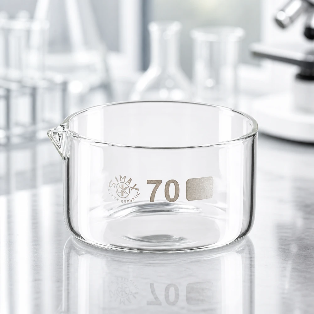 Coupelle de cristallisation 100 ml avec bec verseur Coupelle de cristallisation Simax vide de 100 ml, de forme plate, avec bec verseur, posée sur une surface métallique dans un laboratoire