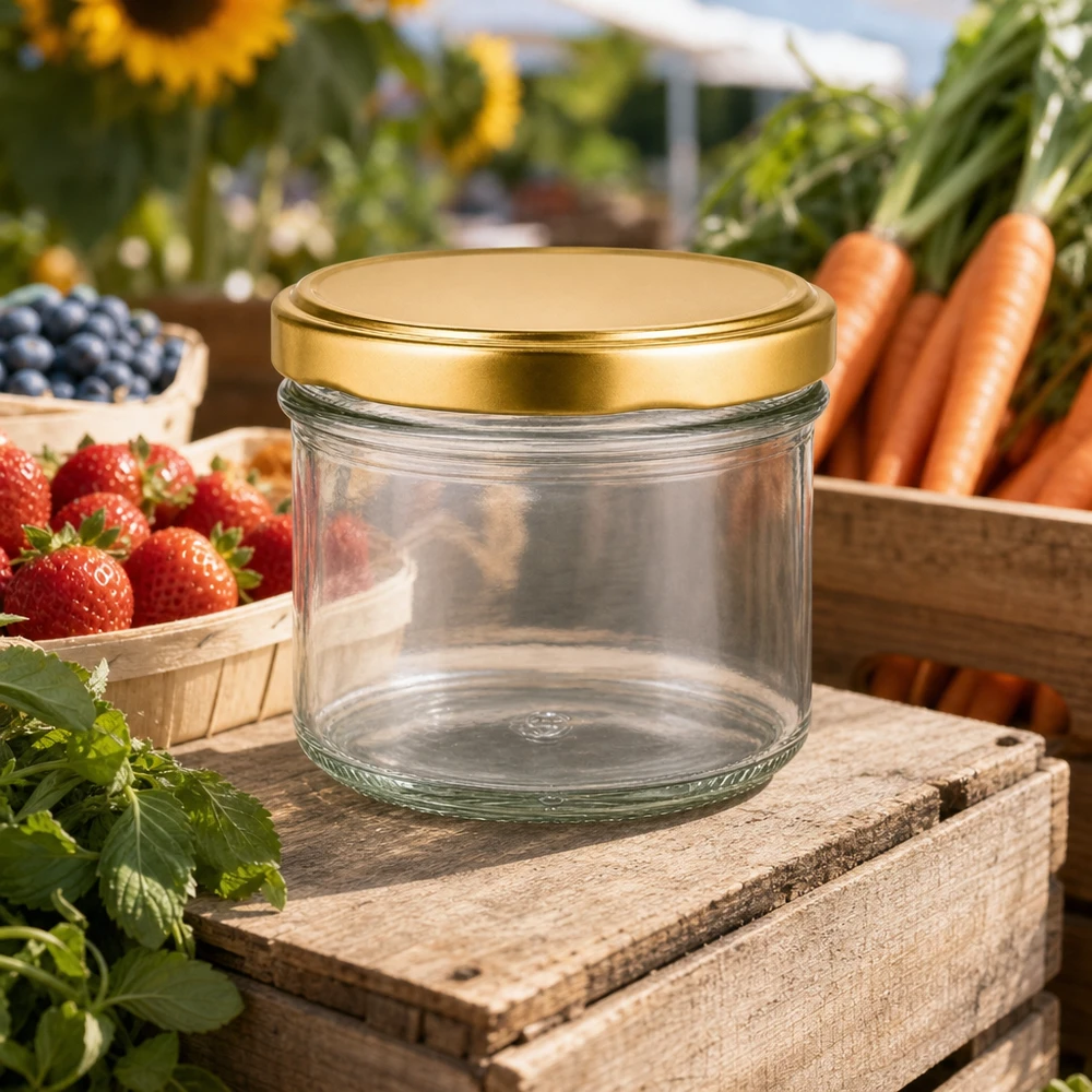 225ml pot UNiTWIST BasicSeal or vide sur caisse en bois entre fraises fraîches carottes et myrtilles dans le jardin