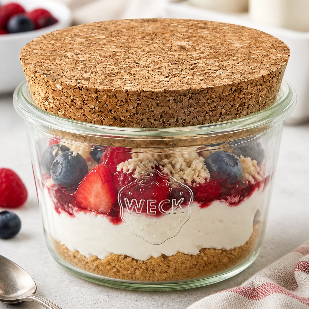 WECK Verre renversé 370ml RR100 avec bouchon rempli comme verre à dessert avec yaourt aux baies et crumble