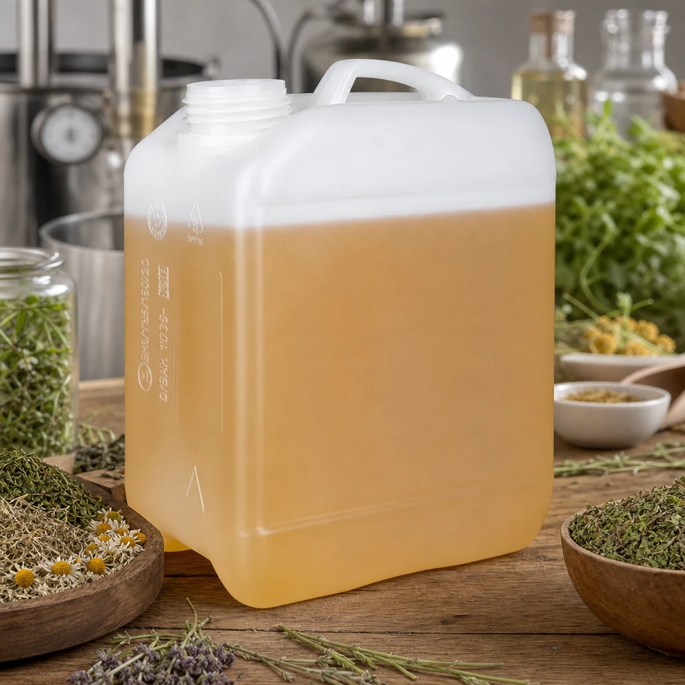 Bidon de 2,5 litres sans bouchon Bidon semi-transparent de 2,5 litres contenant un liquide de couleur dorée, entouré d'herbes aromatiques
