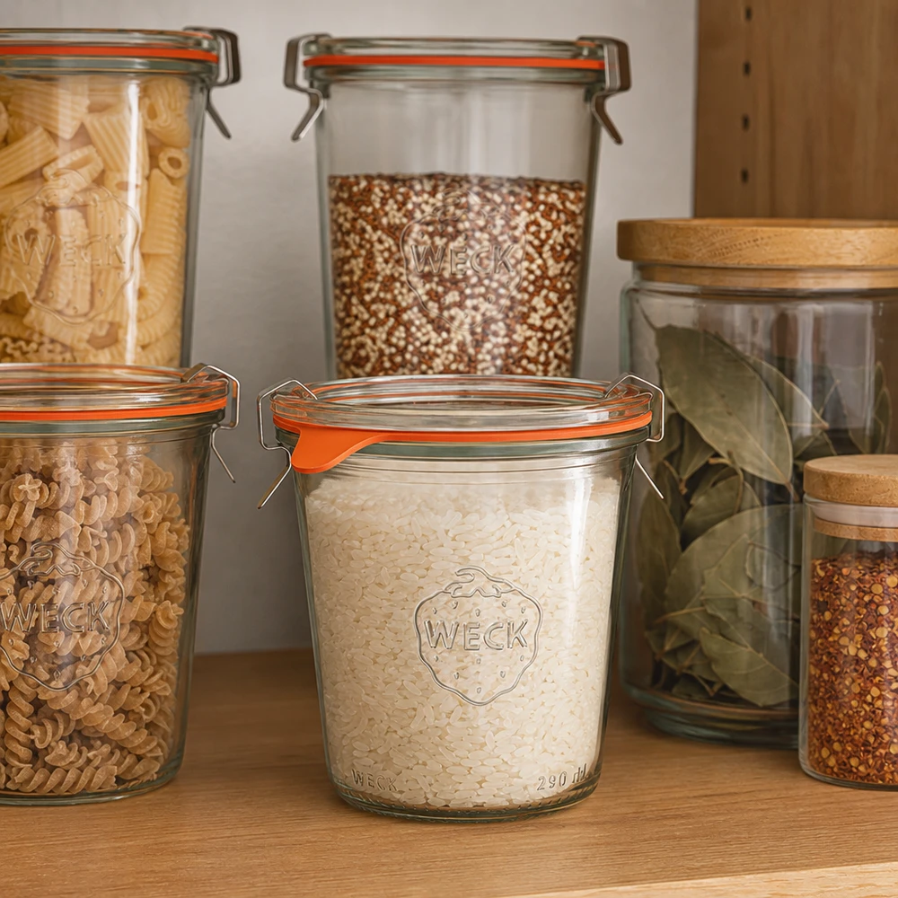 290ml bocal conique haut complet WECK RR80 WECK Pots renversés 290ml RR80 pour la conservation du riz, des pâtes et des céréales dans une cuisine à provisions organisée