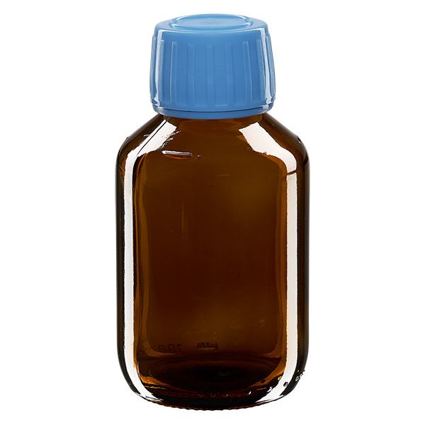 Flacon médical 100 ml couleur ambrée avec bouchon bleue Flacon médical 100 ml couleur ambrée avec bouchon bleue