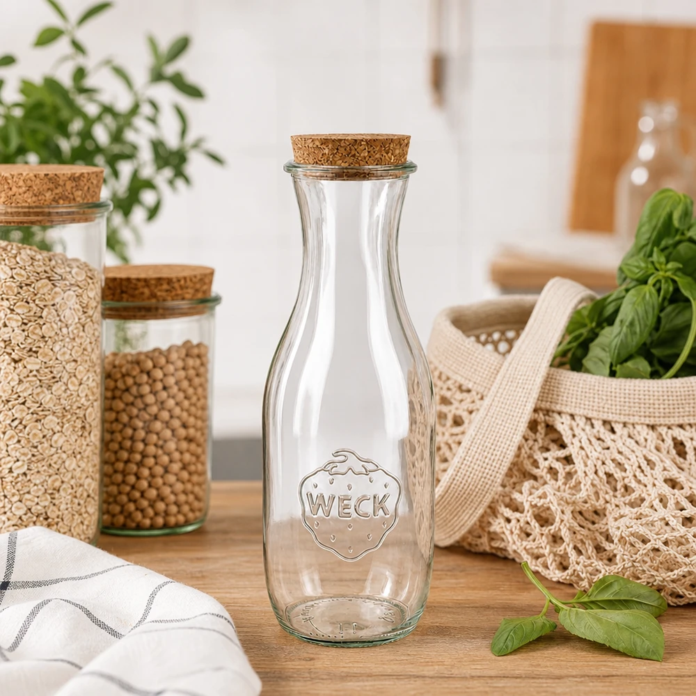 1062ml Bouteille à jus de fruits WECK RR60 avec bouchon nature WECK Bouteille de jus de fruit 1062ml RR60 avec bouchon naturel dans la cuisine durable Zero Waste à côté des bocaux à provisions et des sacs en jute