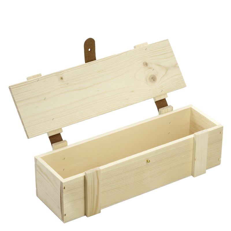 Boîte en bois avec couvercle à charnière et éléments de cuir, 34x9x9cm Boîte en bois avec couvercle à charnière et éléments de cuir, 34x9x9cm