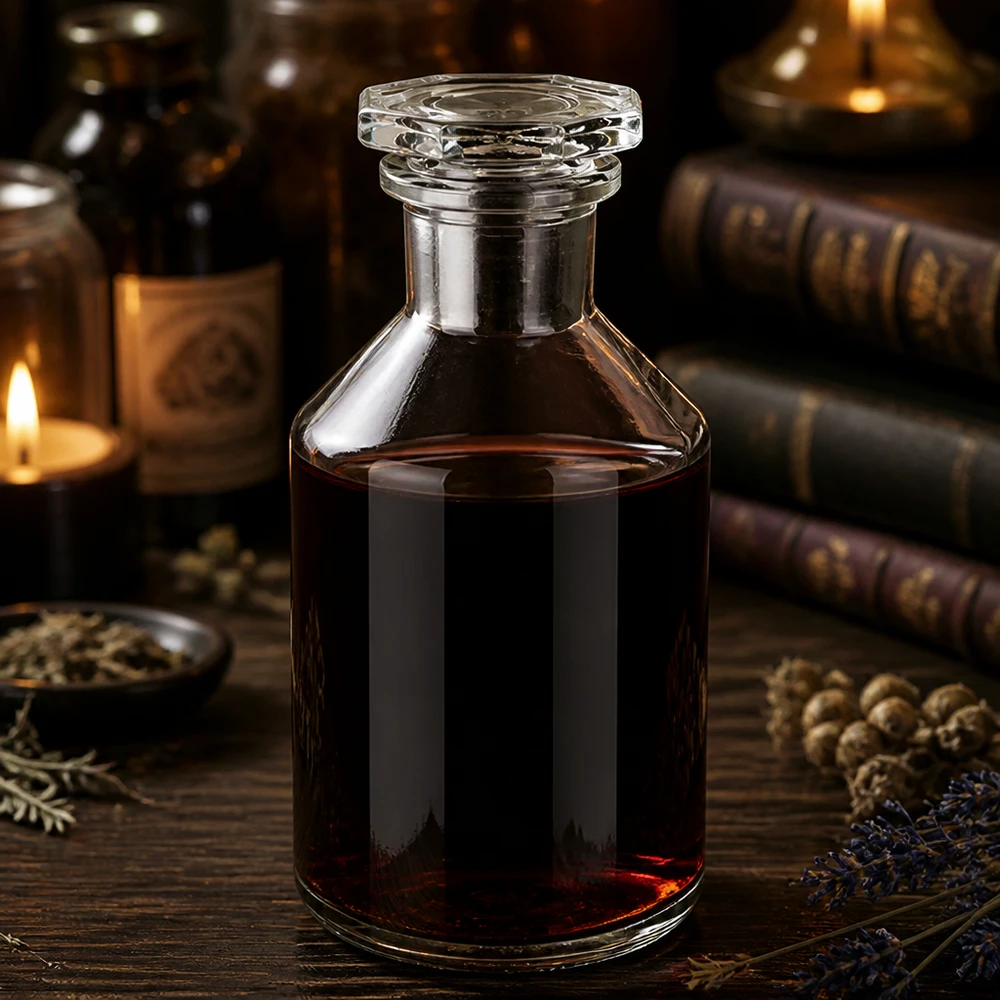 Teinture foncée dans un flacon à col droit de 50 ml, transparent, muni d'un bouchon en verre facetté, à la lueur des bougies