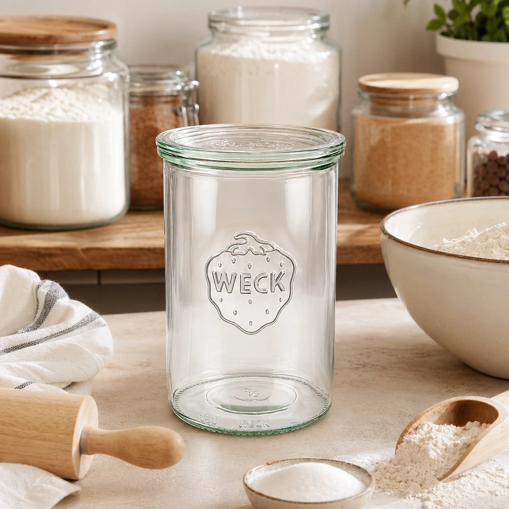 1000ml bocal conique avec bouchon en verre WECK RR100 WECK Verre renversé 1000ml RR100 vide dans une cuisine claire entre des boîtes de stockage avec de la farine et des ustensiles pour la pâtisserie
