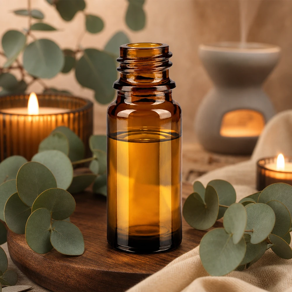 Bouteille en verre brun de 10 ml ApoGlas pour l'aromathérapie à l'eucalyptus et les bougies dans une atmosphère de spa naturel