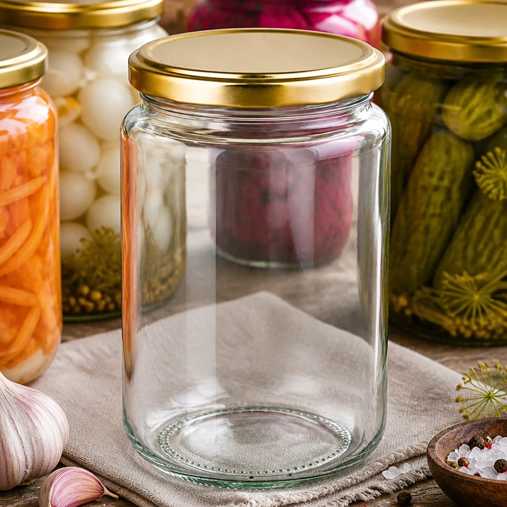 382ml Verre rond avec couvercle BasicSeal or UNiTWIST Pot rond vide de 382ml avec couvercle BasicSeal or entre les cornichons et les oignons marinés dans la cuisine de conservation