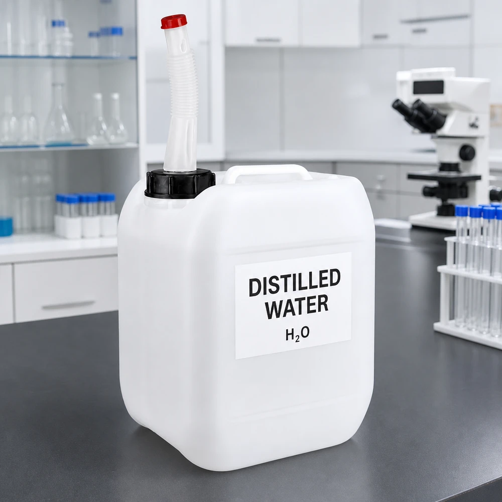 Bidon de laboratoire de 5 litres contenant de l'eau distillée, muni d'une étiquette et d'un bec verseur flexible