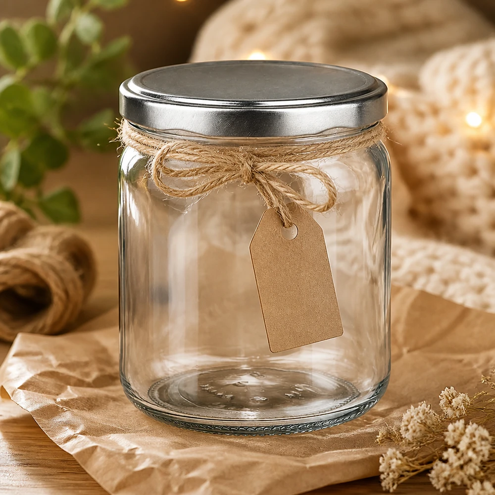 408ml Verre rond avec couvercle BasicSeal argent UNiTWIST 408ml Verre rond BasicSeal Couvercle argenté décoré avec ruban de jute et pendentif sur table en bois Mise en scène rustique