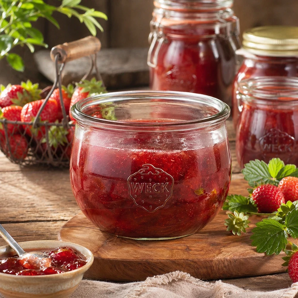 WECK RR100 Pot tulipe 580ml rempli de confiture de fraises sur planche en bois avec fraises fraîches et bocaux de conservation