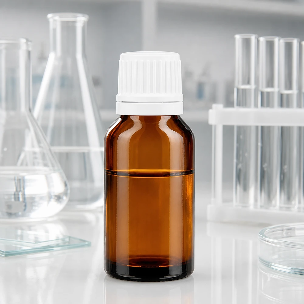 Flacon en verre brun 15ml avec bouchon à vis blanc VR Flacon en verre brun de 15 ml muni d'un bouchon d'inviolabilité blanc à l'épreuve des enfants, en laboratoire