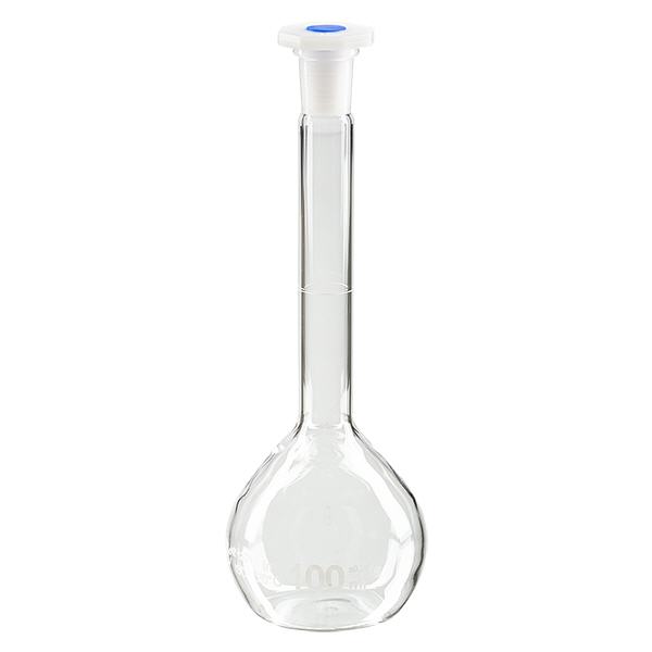 Ballons gradués 100 ml au rodage normalisé 12/21, en verre borosilicate avec bouchon en PEHD Ballons gradués 100 ml au rodage normalisé 12/21, en verre borosilicate avec bouchon en PEHD