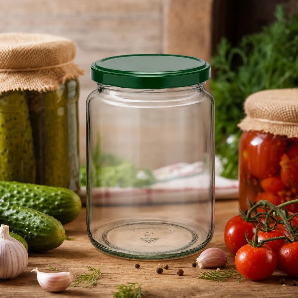 795ml Verre rond avec couvercle BasicSeal vert UNiTWIST Pot de conserve de 795 ml UNiTWIST avec couvercle vert parmi des légumes frais et des bocaux de conserve remplis sur une table en bois
