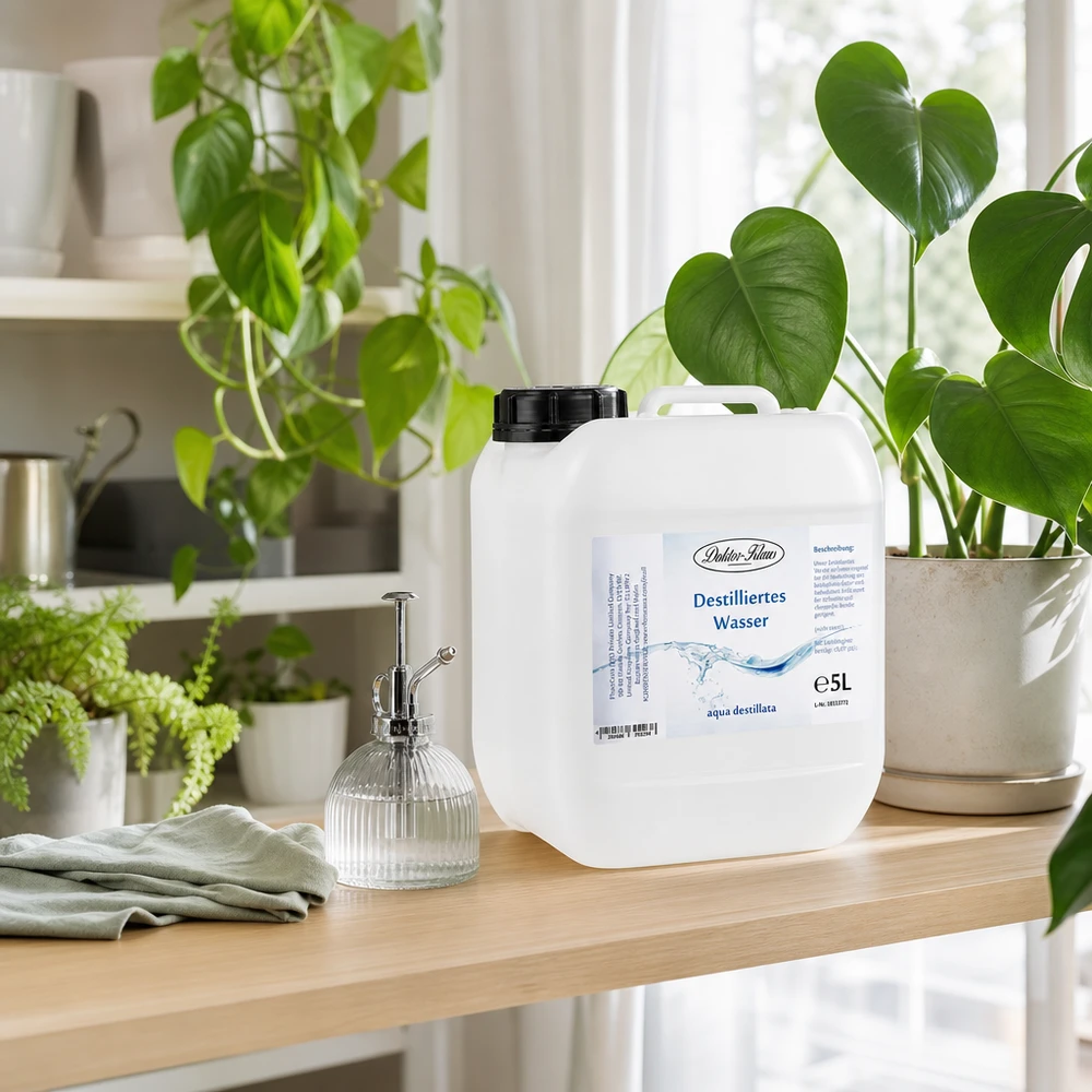 Eau distillée Doktor Klaus - Aqua dest 5 litres en jerrican premium teinte naturelle 5L d'eau distillée Doktor-Klaus dans un bidon pratique sur une étagère en bois entre des plantes d'intérieur vertes