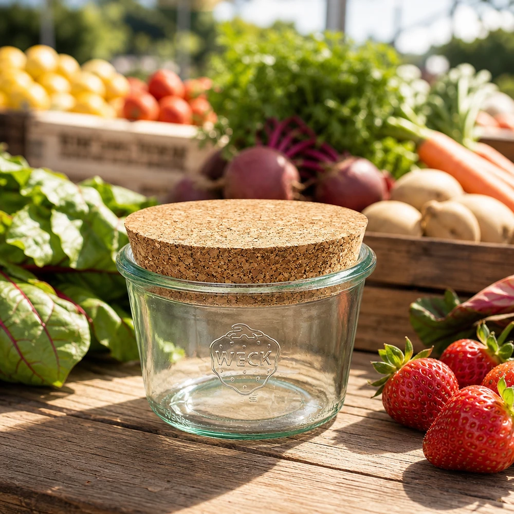 WECK Pot renversé 370ml RR100 avec couvercle en liège sur une table en bois entre des fraises et des légumes frais du marché