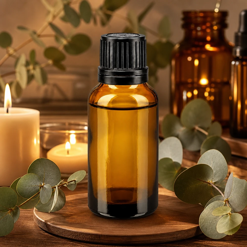 Flacon en verre brun de 20 ml avec bouchon noir d'origine, destiné aux huiles essentielles
