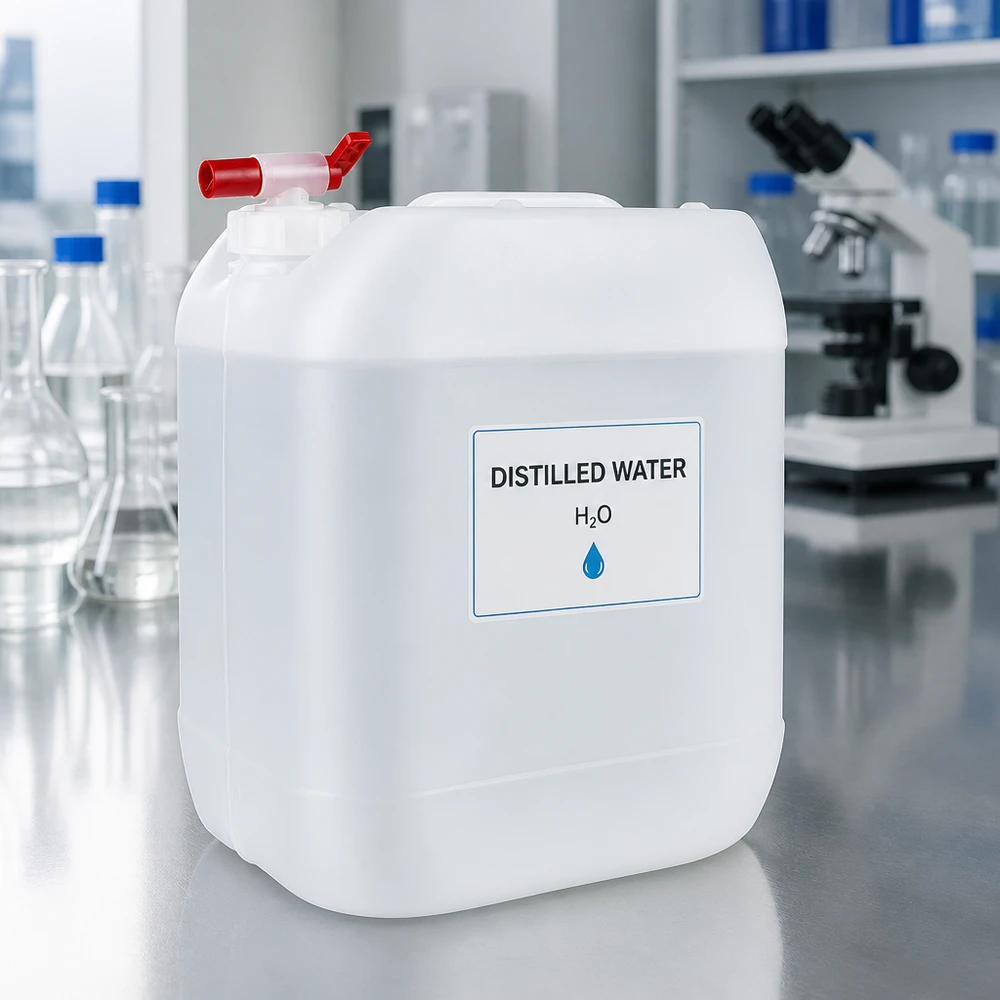 Bidon de laboratoire de 20 litres muni d'un robinet rouge, rempli d'eau distillée H₂O