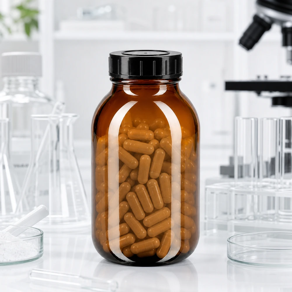 Flacon en verre brun de 500 ml à large ouverture et bouchon à visser étanche pour les applications pharmaceutiques