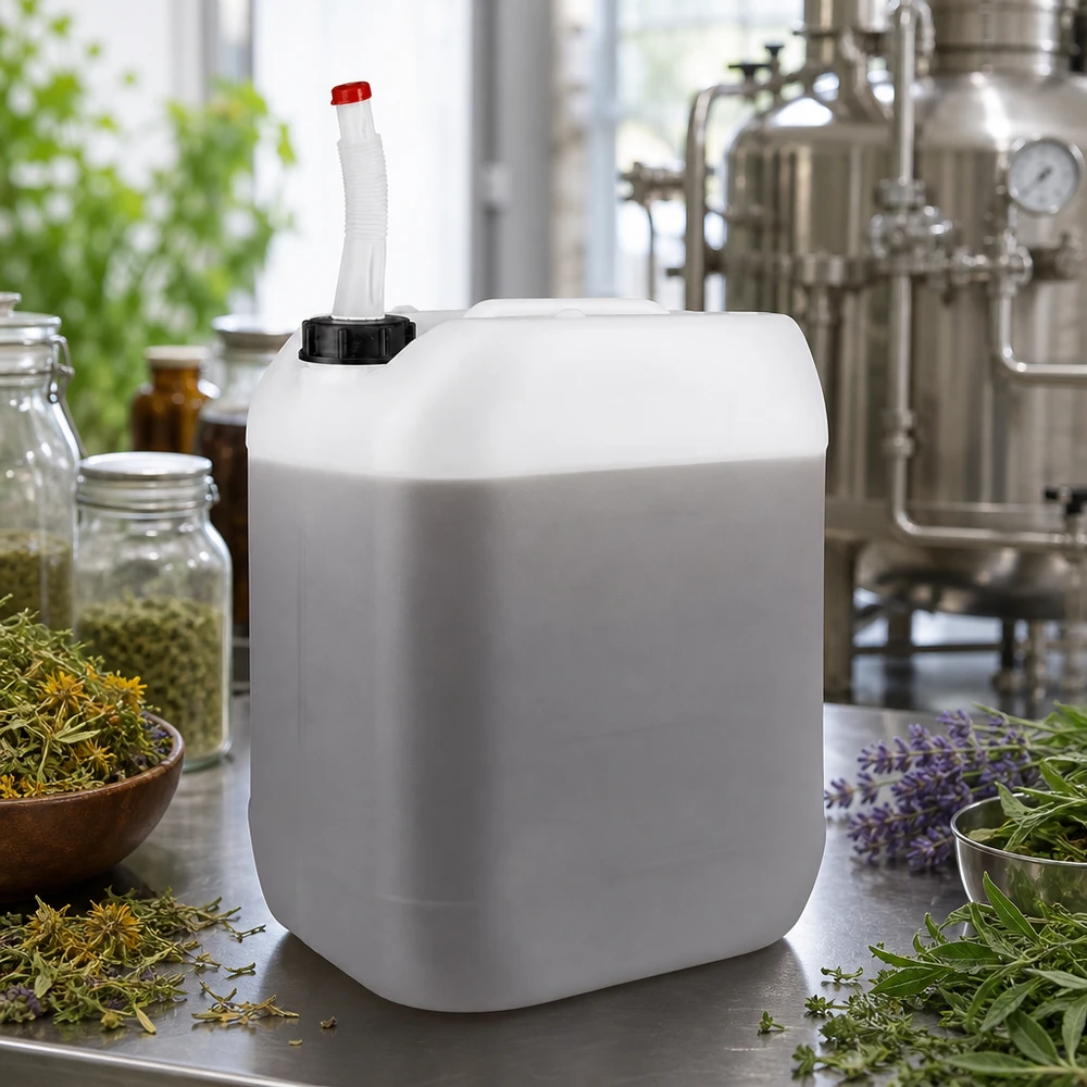 Bidon en plastique robuste de 20 litres avec tuyau flexible, à côté d'herbes fraîches et d'un alambic