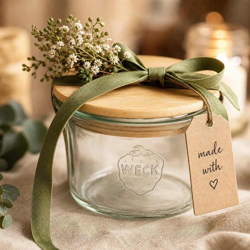 WECK Mini verre renversé 35ml avec couvercle en bois comme idée de cadeau avec ruban vert fleurs et pendentif Made with Love