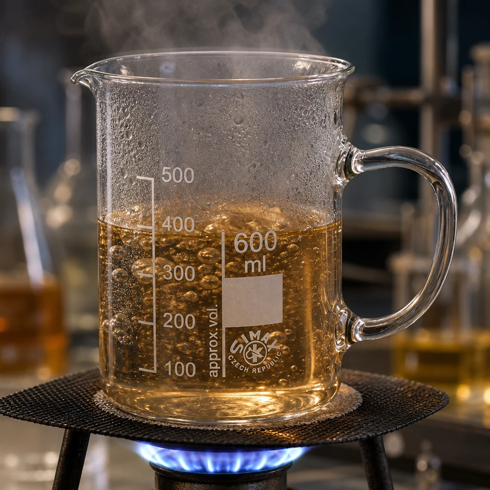 Bécher de 600 ml muni d'une anse, posé sur un brûleur à gaz, contenant un liquide jaune doré en ébullition et dégageant de la vapeur
