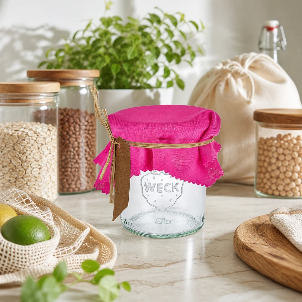 Tissu napperon pour décoratif rose 12cm carré Cache-bijoux en tissu rose 12cm carré sur bocal de conservation dans la cuisine durable Zero Waste avec bocaux de conservation