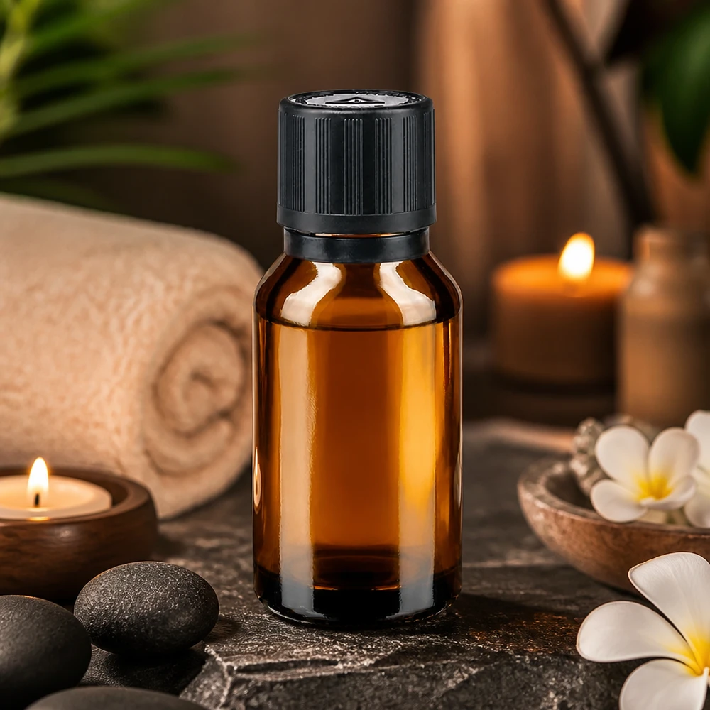 Flacon de pharmacie en verre brun de 15 ml avec bouchon à vis noir, posé entre des pierres de massage et des bougies