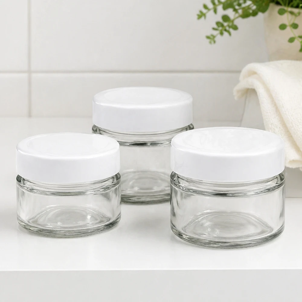 Set de bocaux ronds de 80ml avec couvercle BasicSeal dans la salle de bain - bocaux en verre élégants pour cosmétiques et ustensiles de bain