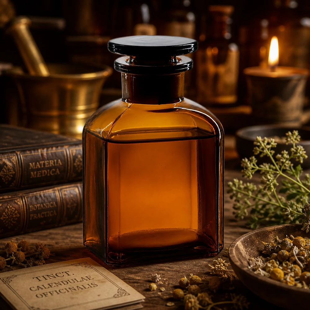 Flacon carré col large 150 ml + bouchon RIN, verre ambré Flacon carré de 150 ml en verre ambré, à col large et muni d'un bouchon en verre, destiné aux teintures et aux extraits de plantes