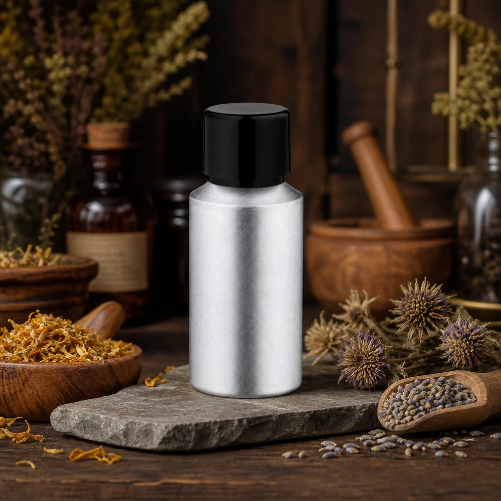 Bouteille légère en aluminium décapé de 30 ml avec protection UV grâce à un bouchon noir pour les substances sensibles à la lumière