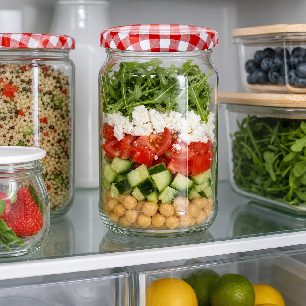 1062ml Verre rond avec couvercle BasicSeal rouge/blanc UNiTWIST 1062ml Rundglas mit rot-weiß kariertem Deckel als Meal-Prep Salatglas im Kühlschrank mit Schichtsalat und Kichererbsen