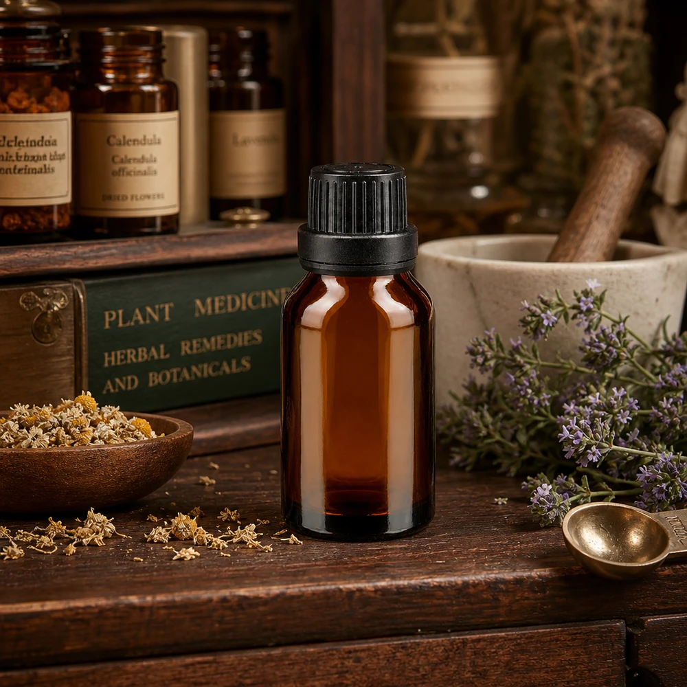 flacon à pharmacie brun 15ml bouchon inviolable 2mm noir bouchon inviolabilité Flacon de médicament foncé de 15 ml avec bouchon de sécurité enfant, à côté d'un mortier et de produits de phytothérapie