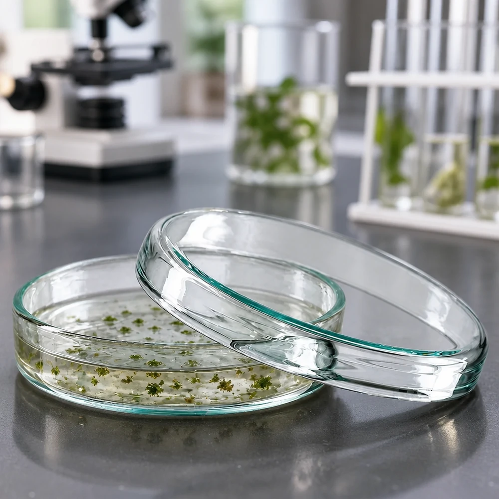 Boîte de Petri en verre 70x15 mm Boîte de Pétri en verre de 70 x 15 mm contenant des cultures de plantes vertes sur un milieu de culture, avec un couvercle posé dessus