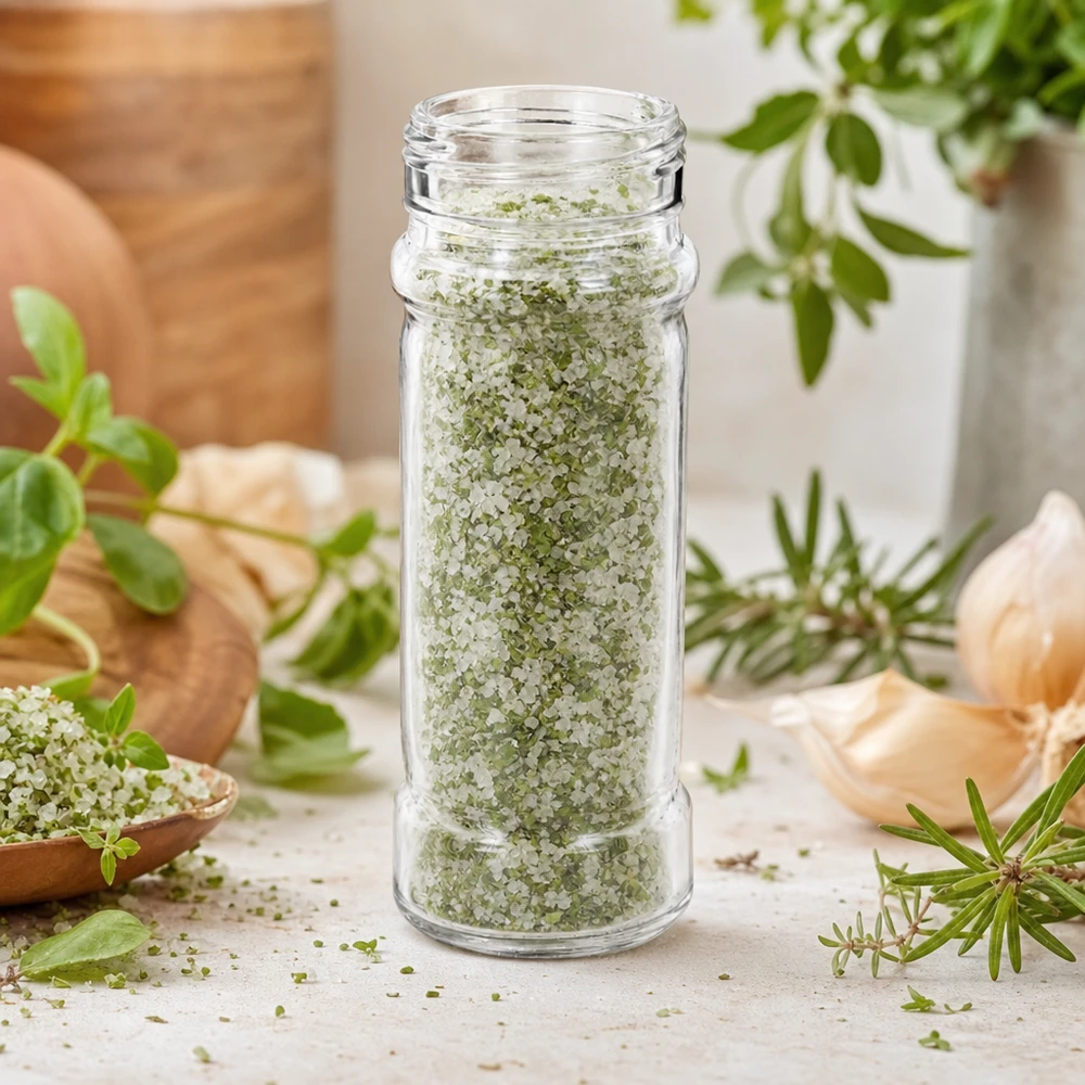 Bocal cylindrique en verre transparent « Mary » de 100 ml, rempli de sel aux herbes et agrémenté de romarin frais et d'ail